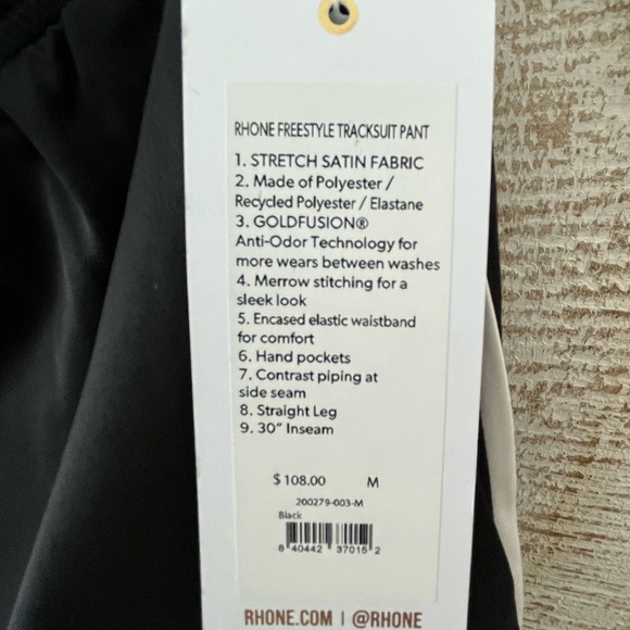 Rhône Men’s Black Athletic Track Pants size Medium - New With Tags - Picture 6 of 8